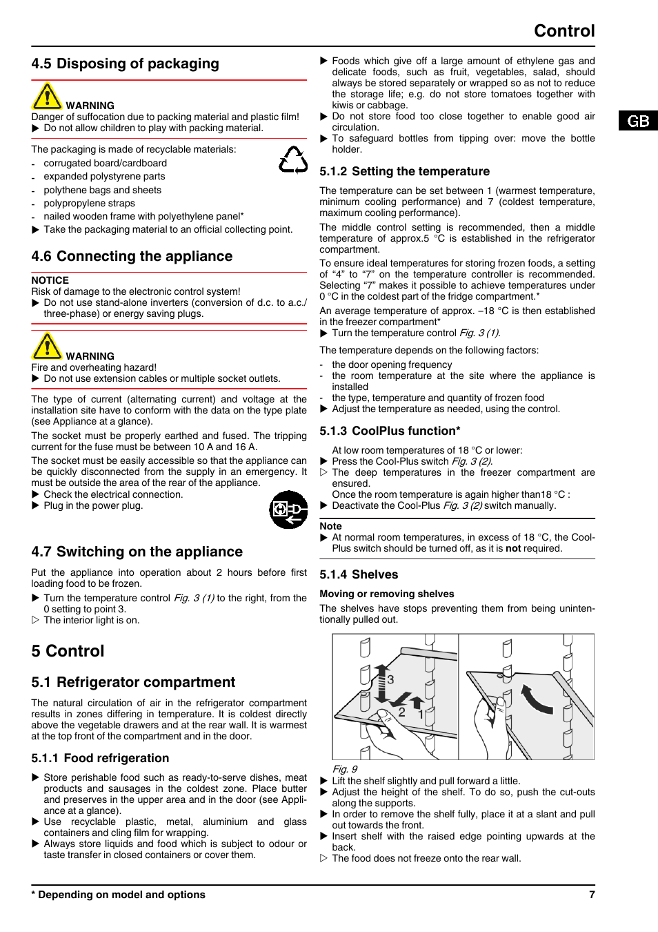 5disposing of packaging, 6connecting the appliance, 7switching on the appliance | 5control, 1refrigerator compartment, 1food refrigeration, 2setting the temperature, 3coolplus function, 4shelves, 5 control | Liebherr K 2734 Comfort User Manual | Page 7 / 12