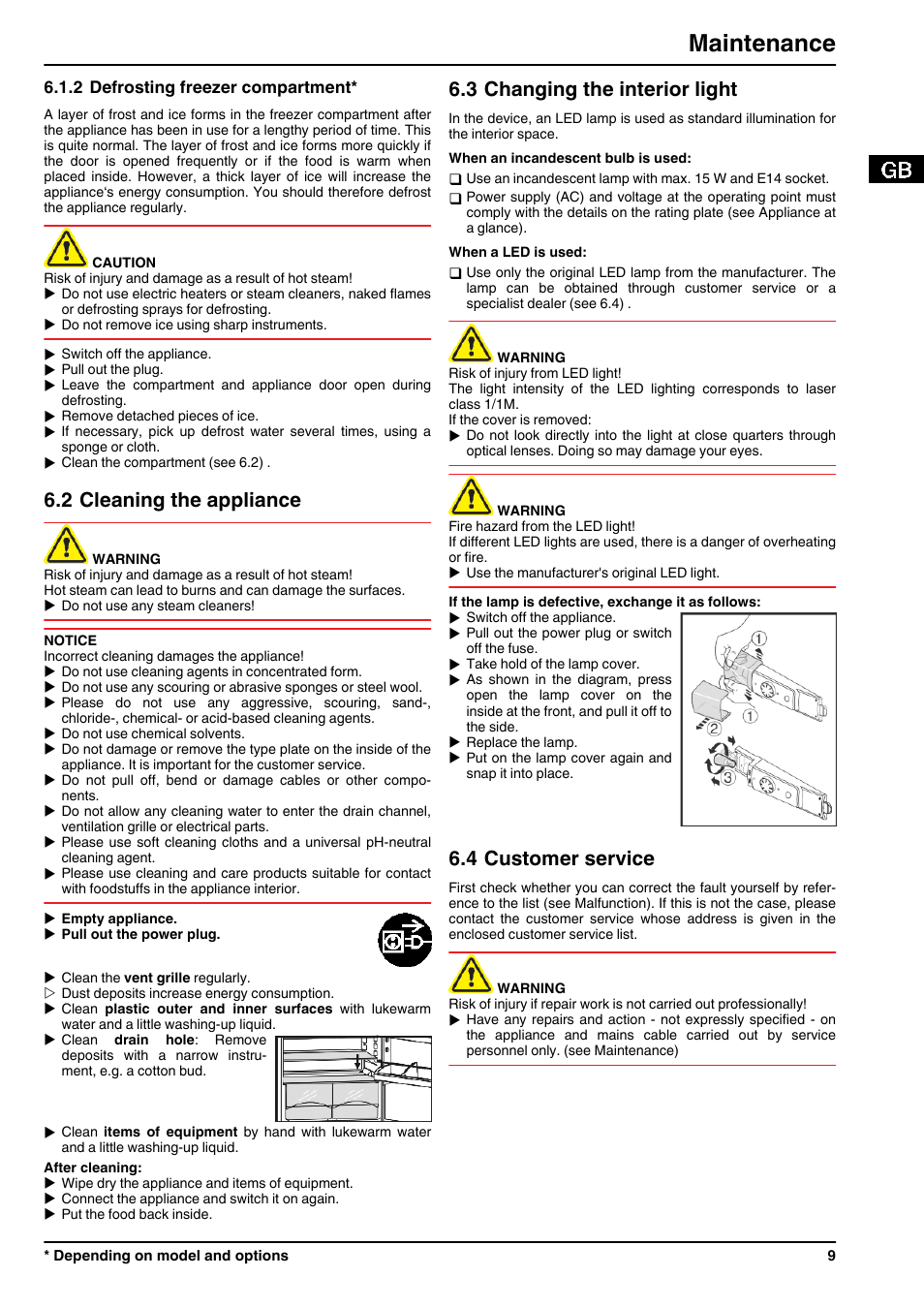 2defrosting freezer compartment, 2cleaning the appliance, 3changing the interior light | 4customer service, Maintenance, 2 cleaning the appliance, 3 changing the interior light, 4 customer service | Liebherr K 2734 Comfort User Manual | Page 9 / 12