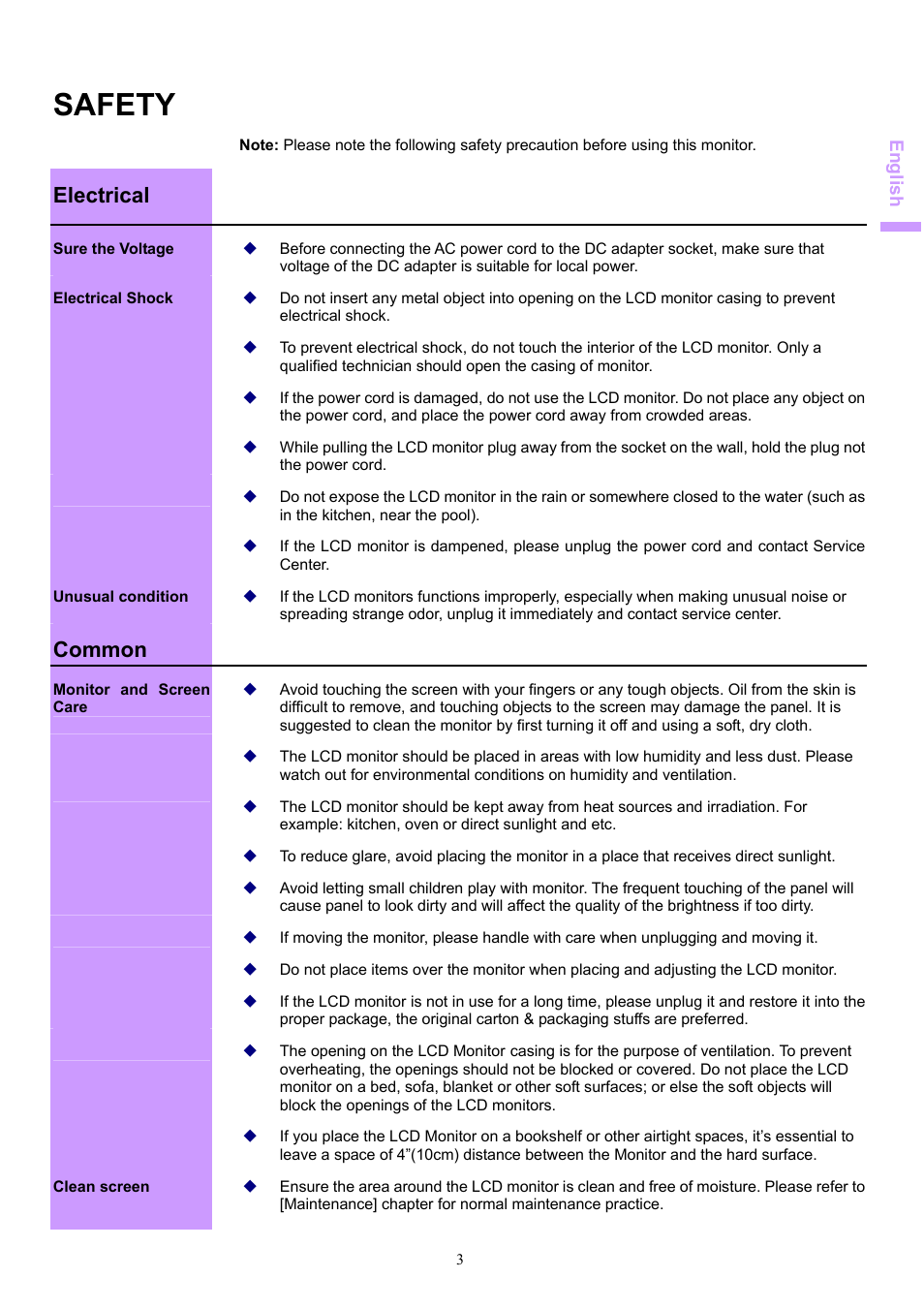 Safety, Electrical, Common | Acer AL1703 User Manual | Page 3 / 9