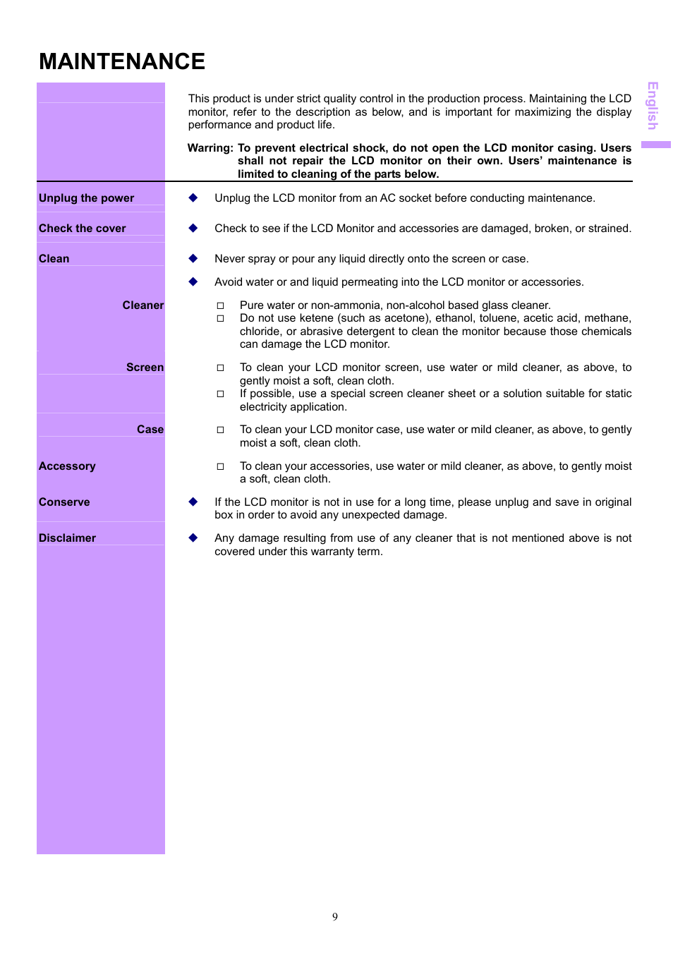 Maintenance | Acer AL1703 User Manual | Page 9 / 9