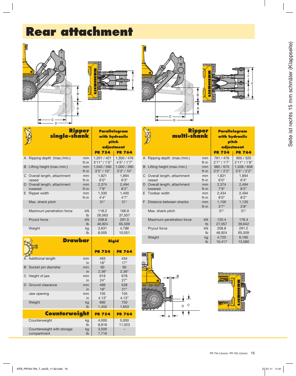 Rear attachment, Drawbar, Ripper | Single-shank, Multi-shank, Counterweight, Seite ist rechts 15 mm schmäler (klappseite) | Liebherr PR 754 Litronic User Manual | Page 16 / 18