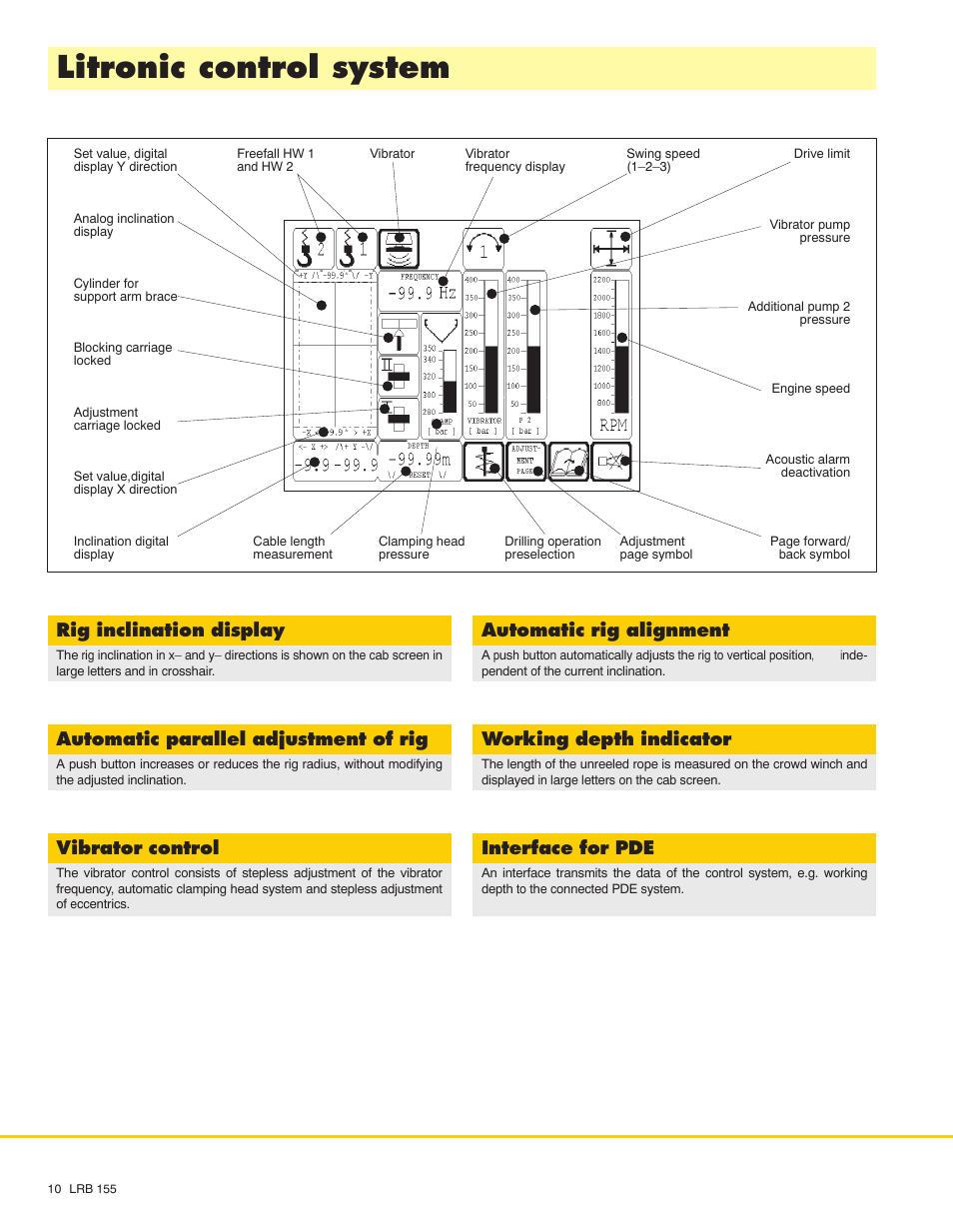 Litronic control system, Rig inclination display, Automatic rig alignment | Automatic parallel adjustment of rig, Working depth indicator, Vibrator control, Interface for pde | Liebherr LRB 155 User Manual | Page 10 / 12