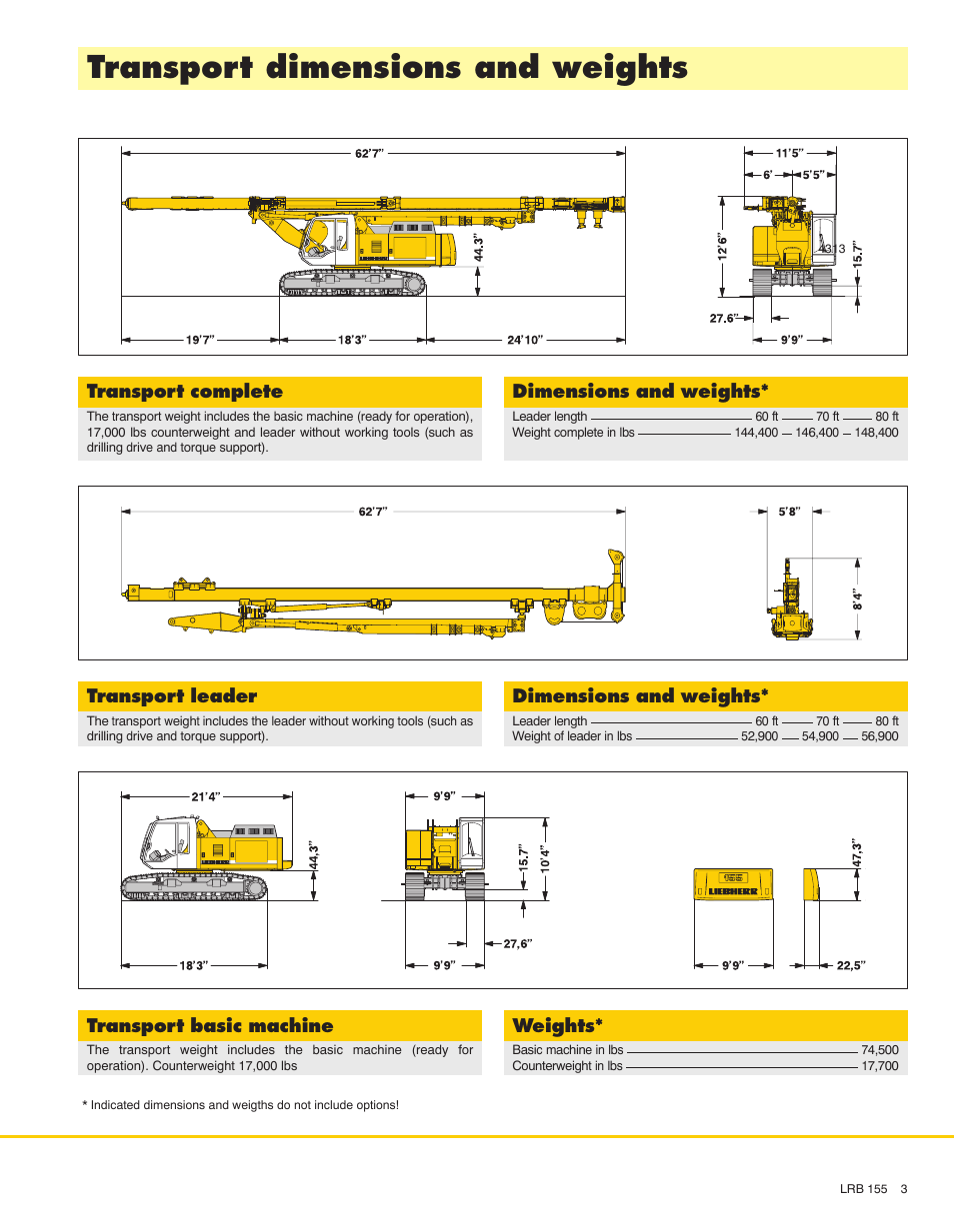 Transport dimensions and weights, Transport complete, Dimensions and weights | Transport basic machine, Weights, Transport leader | Liebherr LRB 155 User Manual | Page 3 / 12
