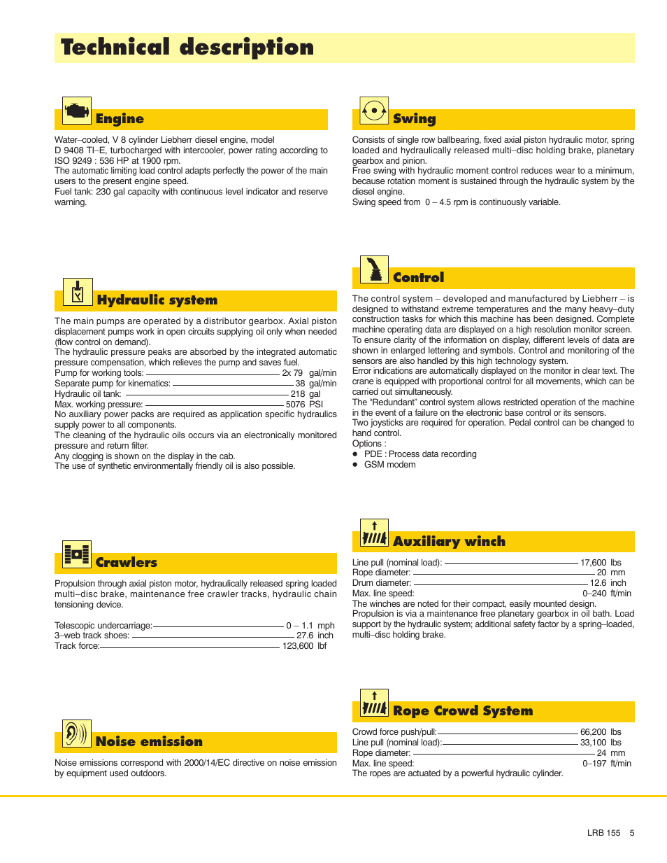 Technical description, Engine, Hydraulic system | Rope crowd system, Swing, Crawlers, Control, Noise emission, Auxiliary winch | Liebherr LRB 155 User Manual | Page 5 / 12