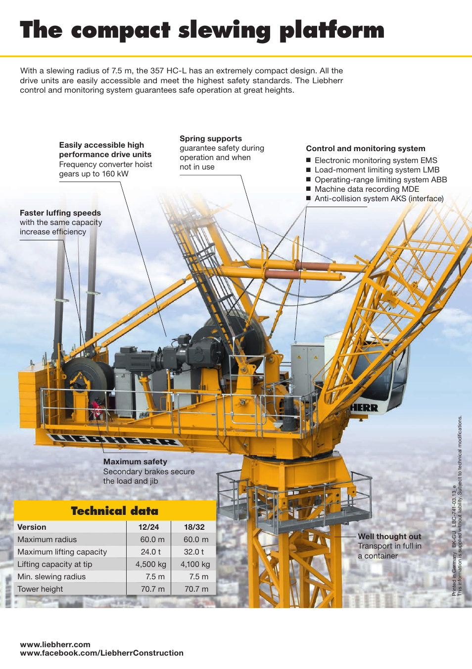 The compact slewing platform, Technical data | Liebherr 357 HC-L 12-24 Litronic User Manual | Page 4 / 4