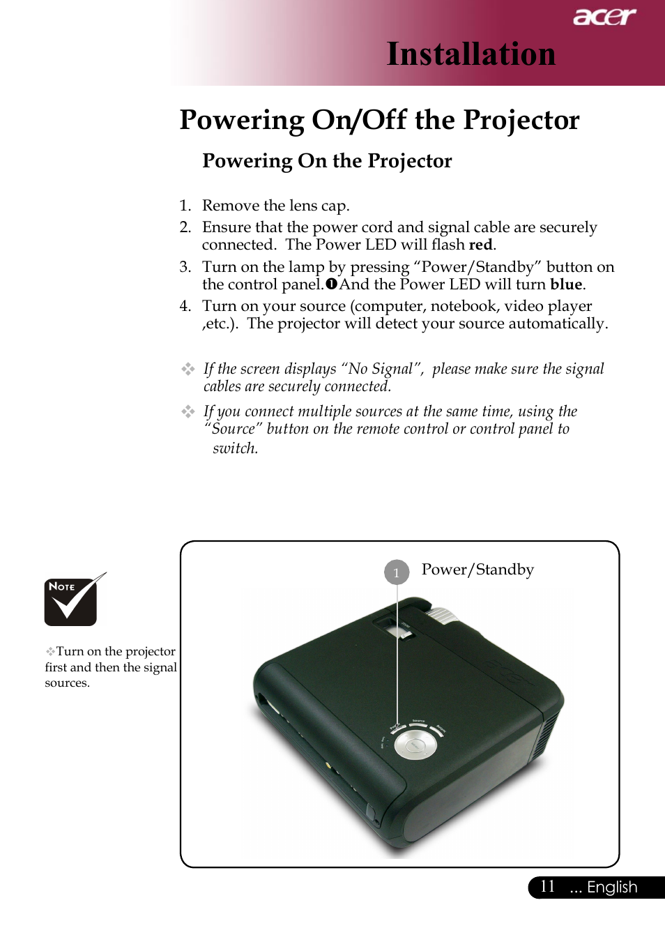 Installation, Powering on/off the projector, Powering on the projector | Acer Projector User Manual | Page 11 / 35