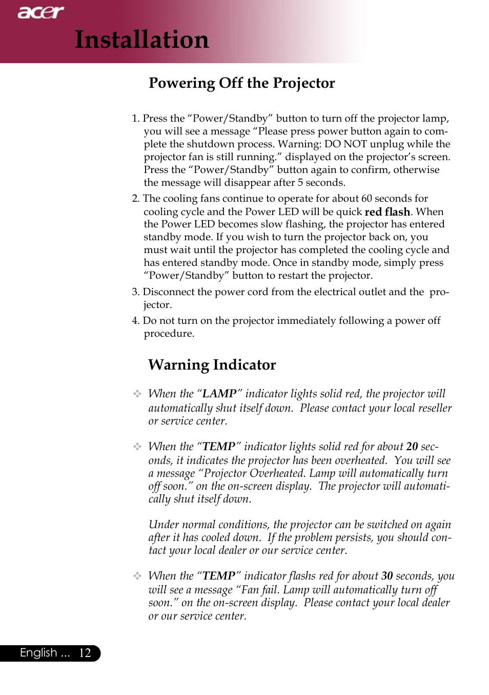 Installation, Warning indicator, Powering off the projector | Acer Projector User Manual | Page 12 / 35