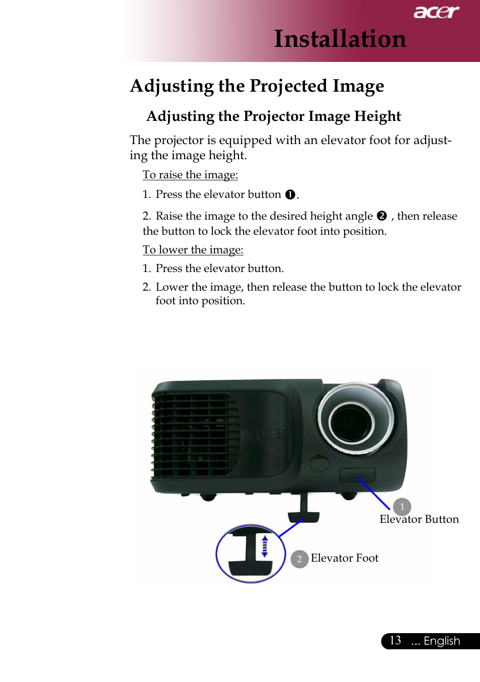 Installation, Adjusting the projected image, Adjusting the projector image height | Acer Projector User Manual | Page 13 / 35