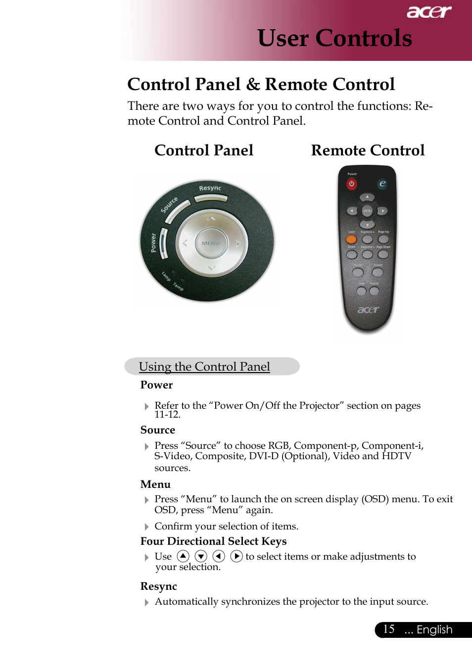 User controls, Control panel & remote control, Remote control control panel | Acer Projector User Manual | Page 15 / 35