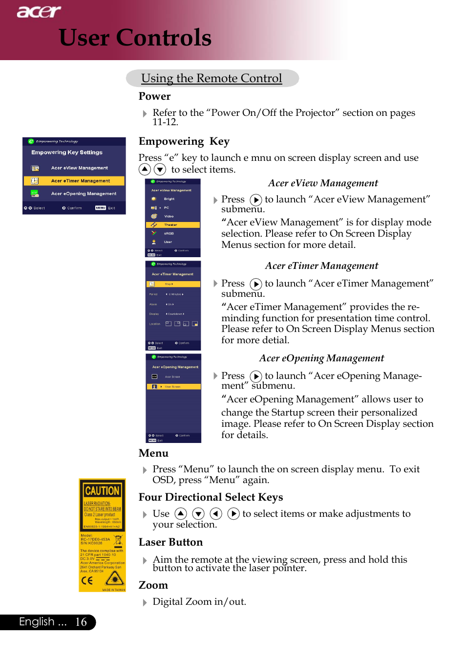 User controls | Acer Projector User Manual | Page 16 / 35