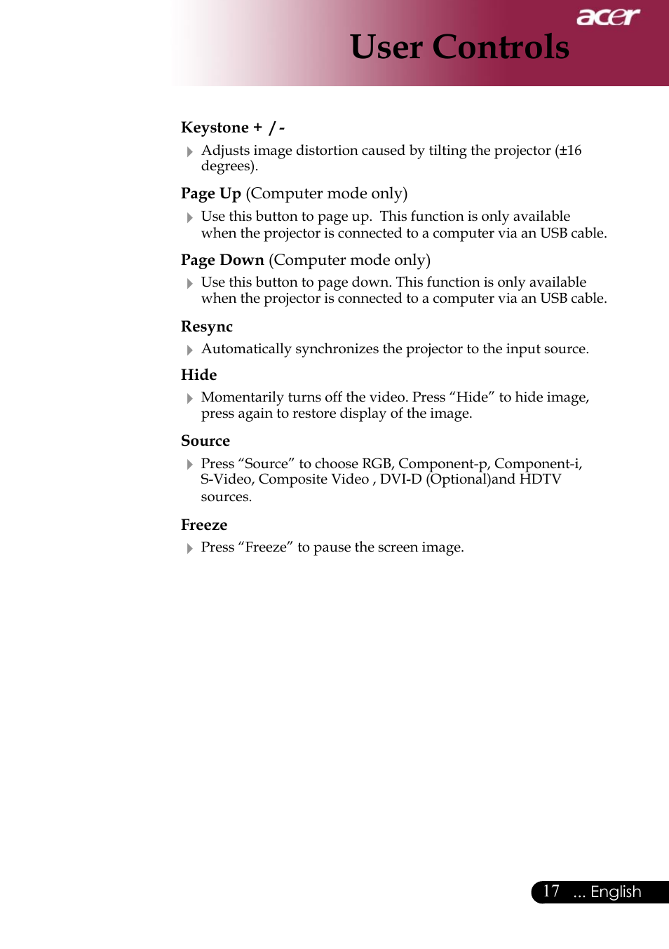 User controls | Acer Projector User Manual | Page 17 / 35