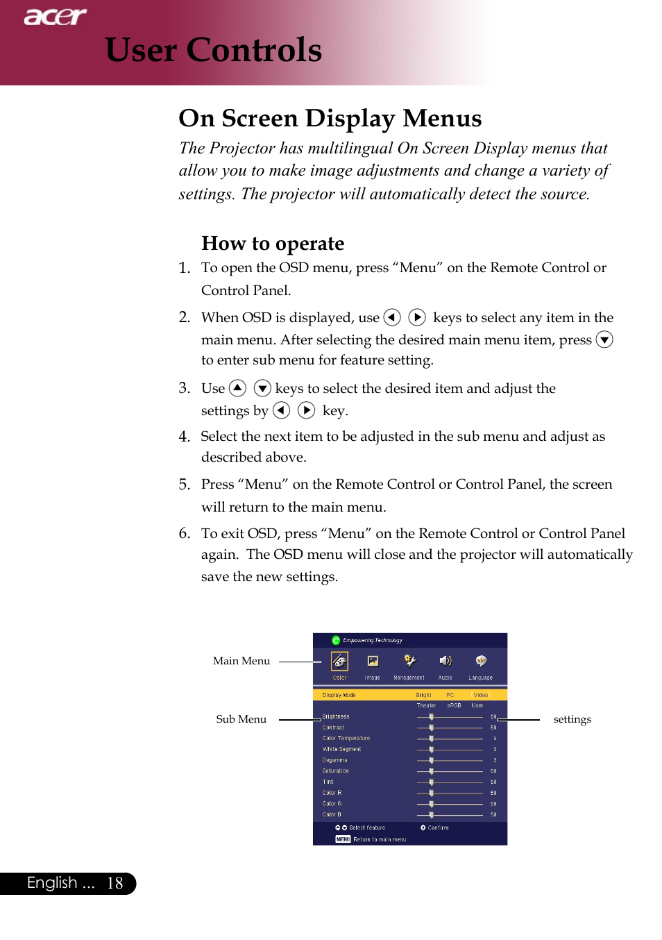 User controls, On screen display menus, How to operate | Acer Projector User Manual | Page 18 / 35