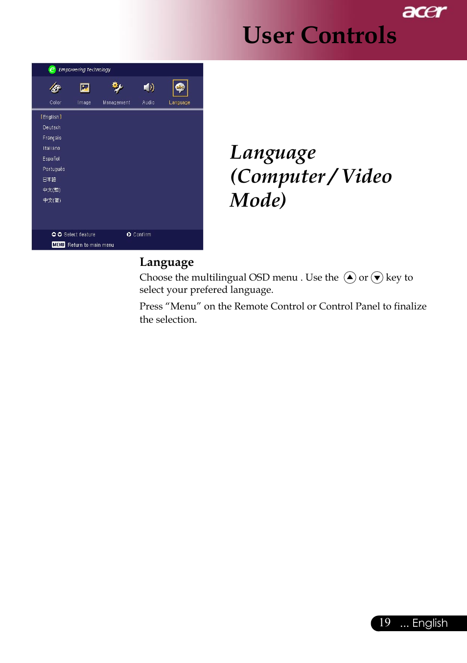 User controls, Language (computer / video mode) | Acer Projector User Manual | Page 19 / 35