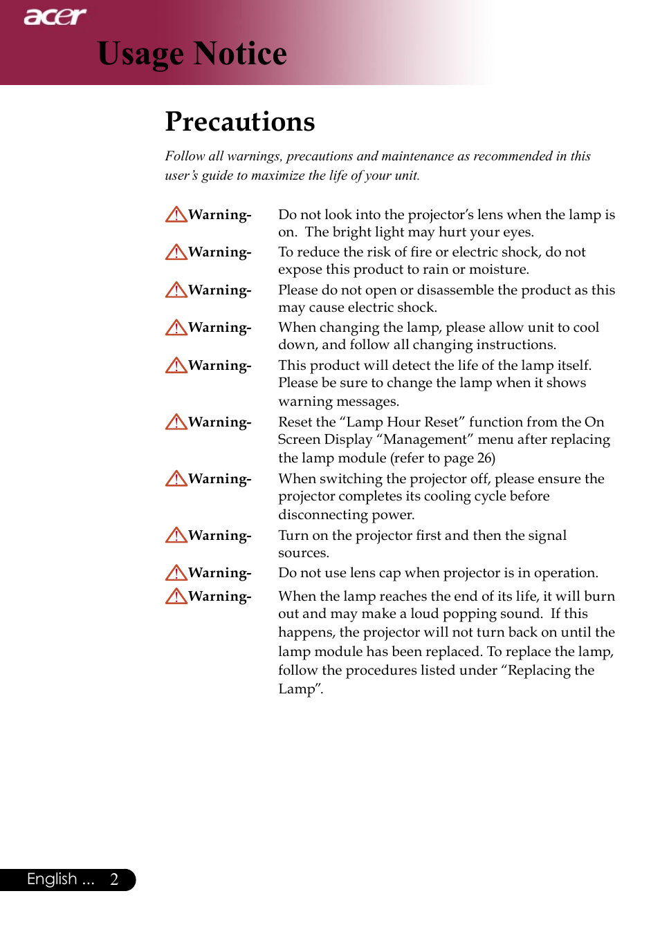 Usage notice, Precautions | Acer Projector User Manual | Page 2 / 35