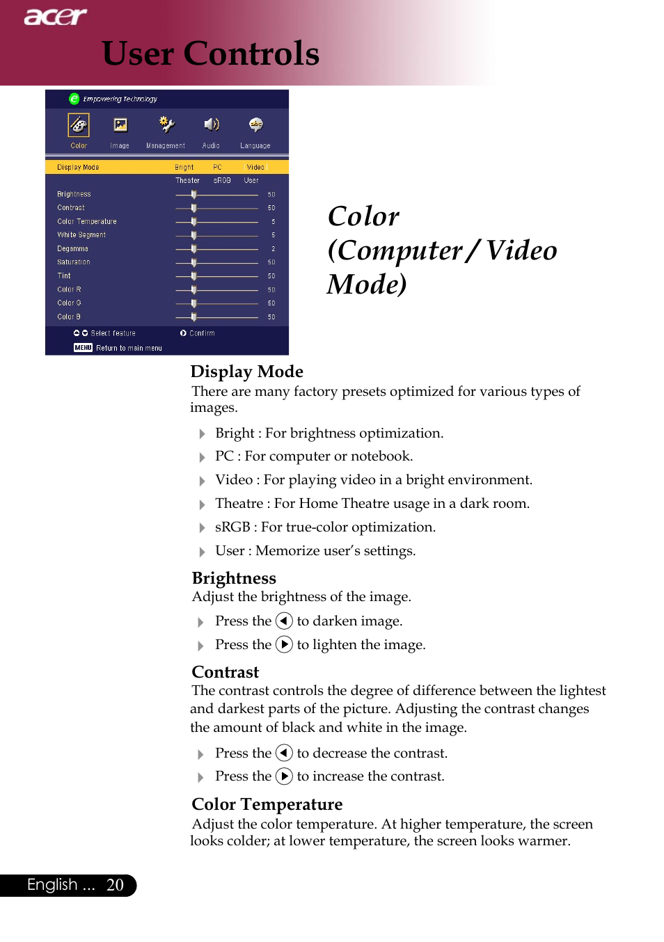 User controls, Color (computer / video mode) | Acer Projector User Manual | Page 20 / 35