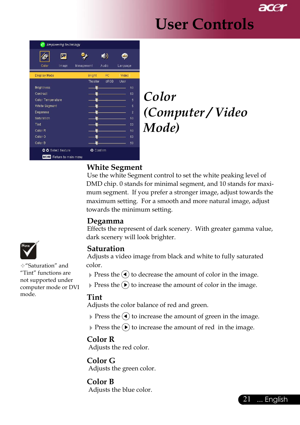 User controls, Color (computer / video mode) | Acer Projector User Manual | Page 21 / 35