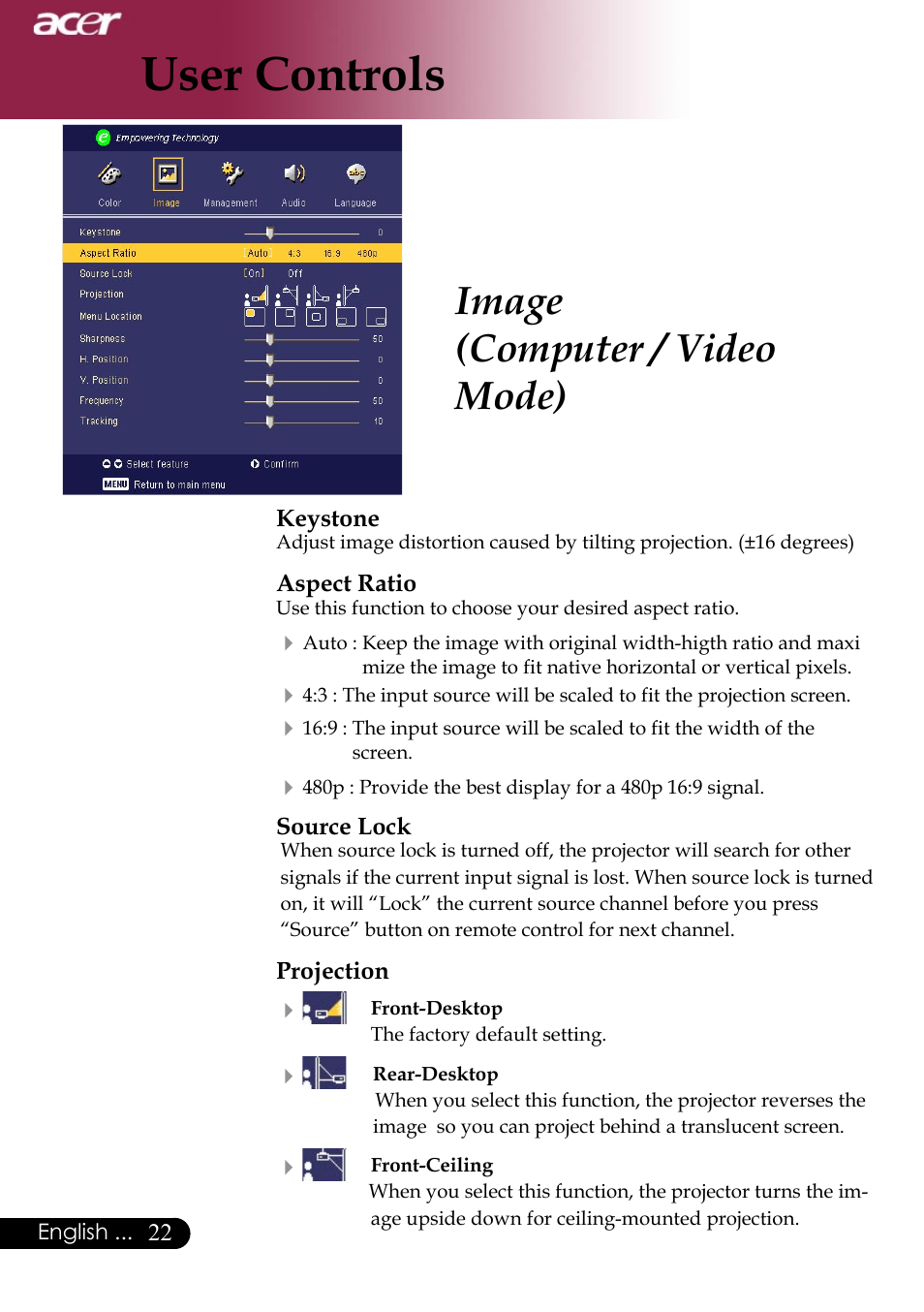 User controls, Image (computer / video mode) | Acer Projector User Manual | Page 22 / 35