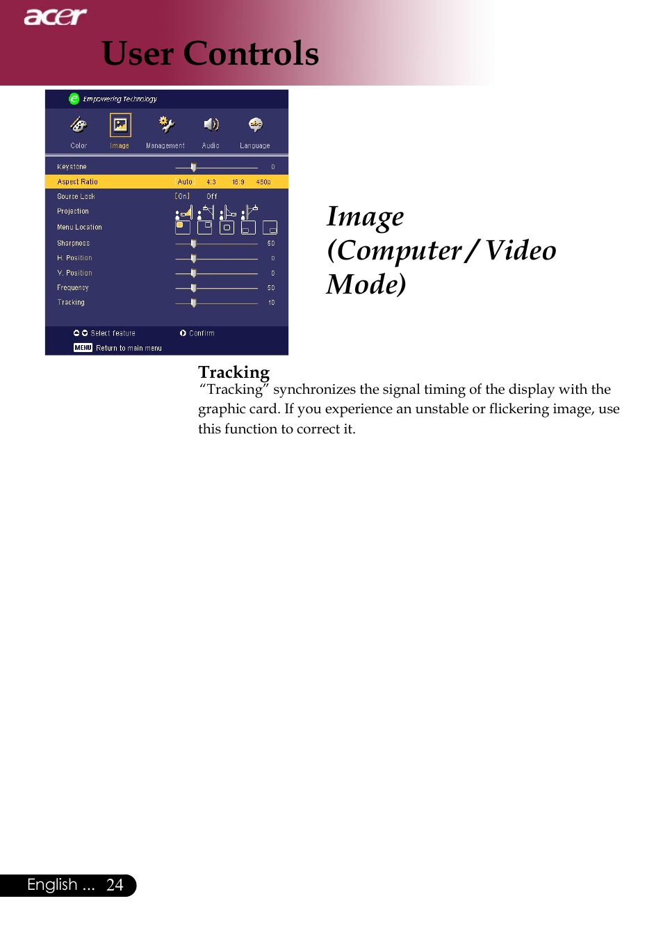User controls, Image (computer / video mode) | Acer Projector User Manual | Page 24 / 35