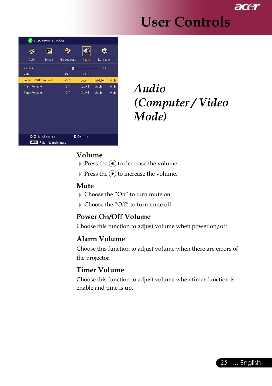 User controls, Audio (computer / video mode) | Acer Projector User Manual | Page 25 / 35