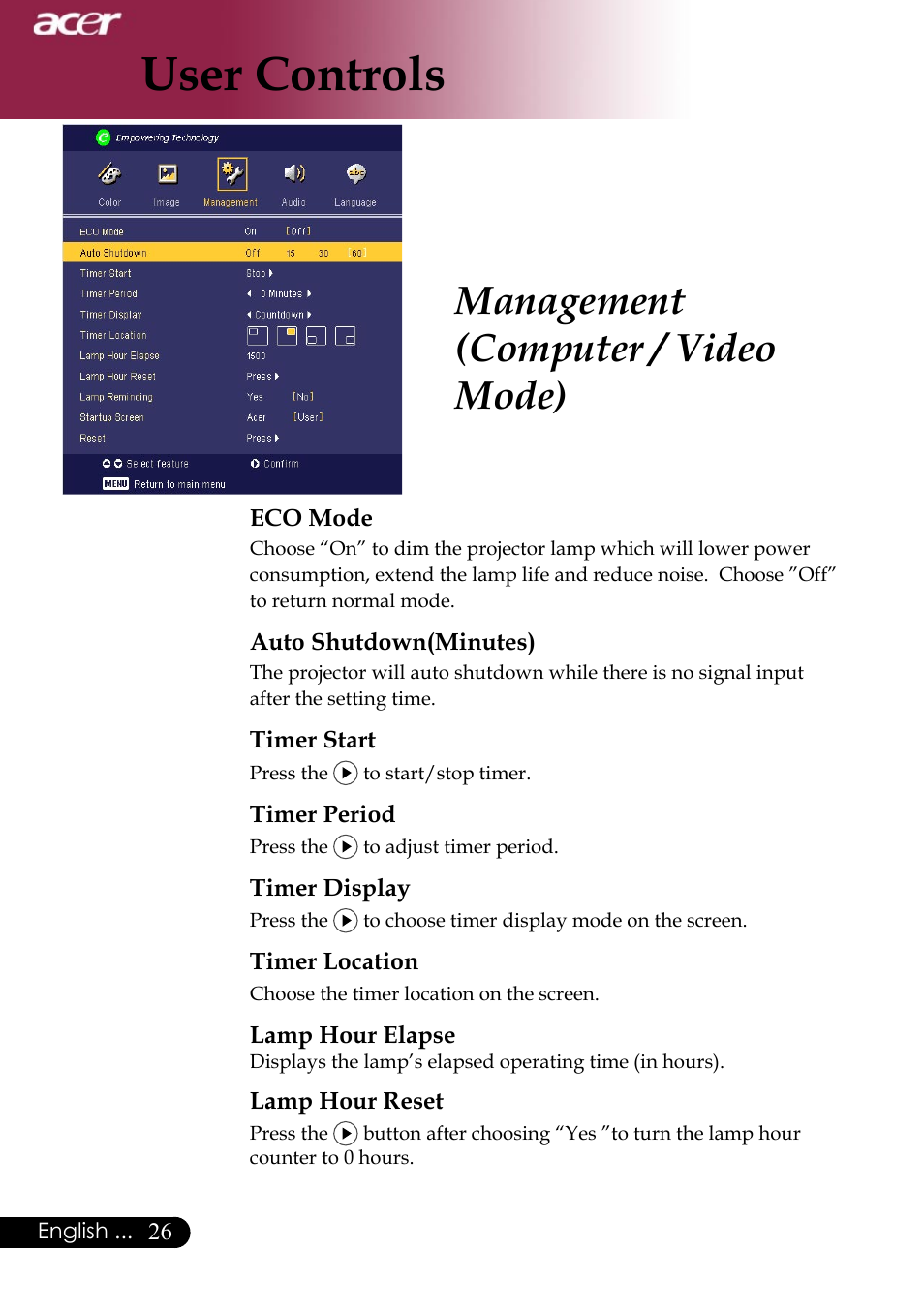 User controls, Management (computer / video mode) | Acer Projector User Manual | Page 26 / 35