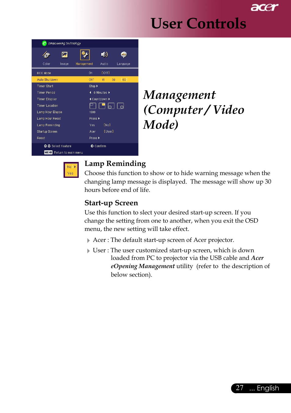 User controls, Management (computer / video mode) | Acer Projector User Manual | Page 27 / 35