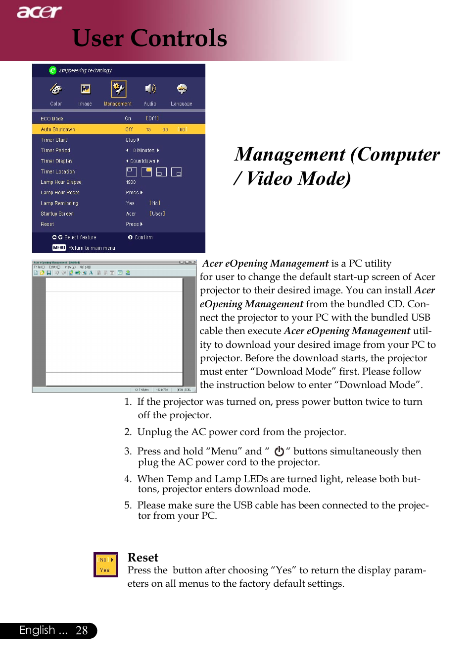 User controls, Management (computer / video mode) | Acer Projector User Manual | Page 28 / 35