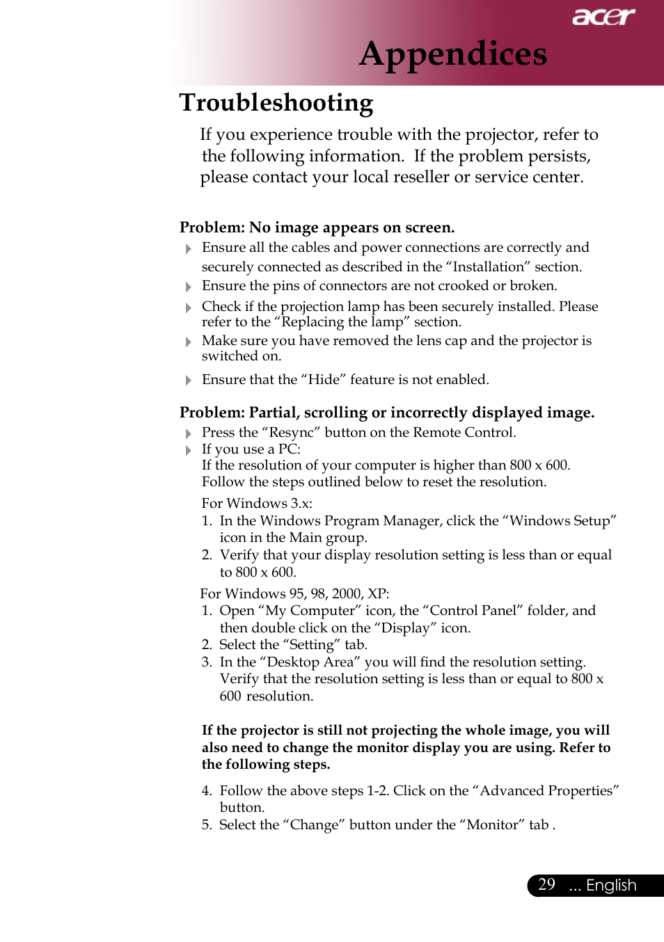 Appendices, Troubleshooting | Acer Projector User Manual | Page 29 / 35