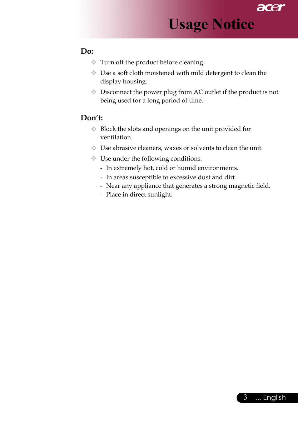 Usage notice | Acer Projector User Manual | Page 3 / 35