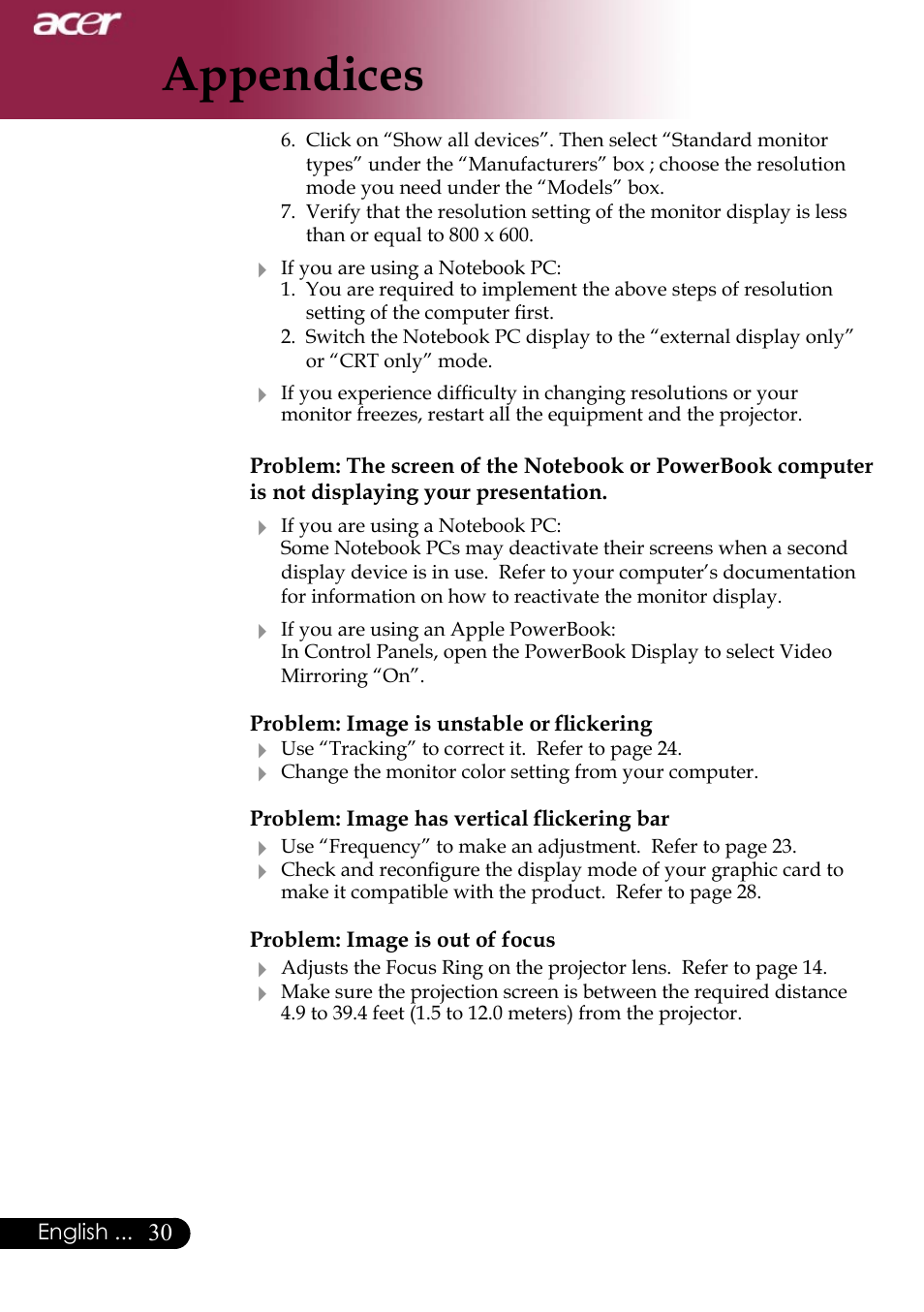 Appendices | Acer Projector User Manual | Page 30 / 35