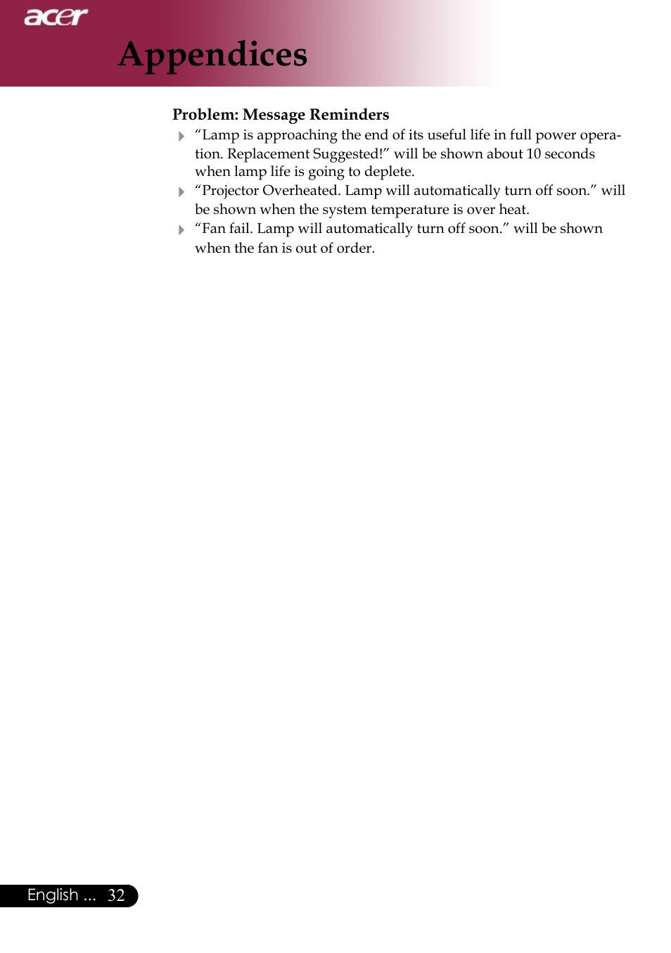 Appendices | Acer Projector User Manual | Page 32 / 35