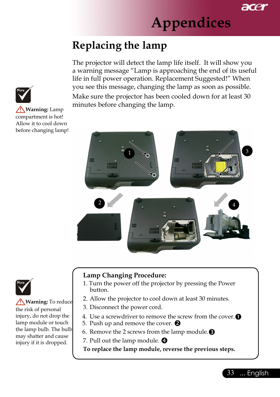 Appendices, Replacing the lamp | Acer Projector User Manual | Page 33 / 35