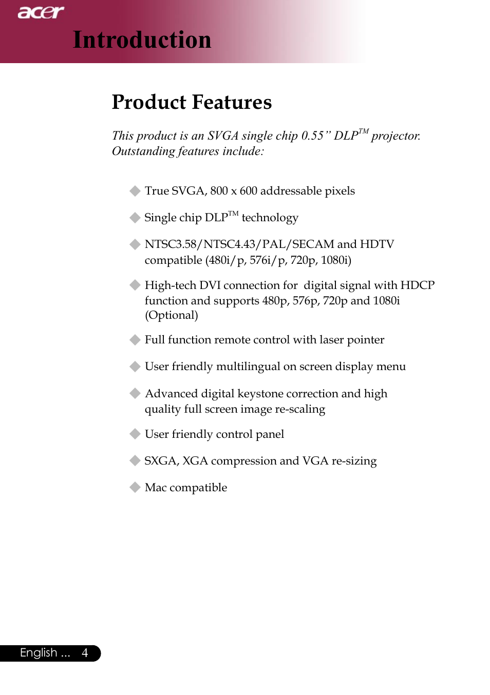 Introduction, Product features | Acer Projector User Manual | Page 4 / 35