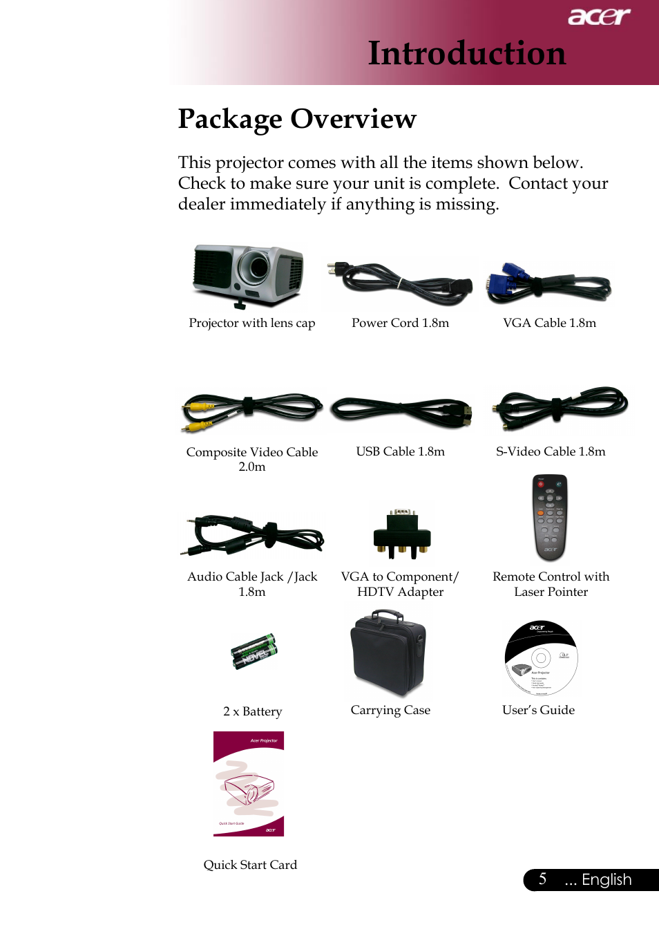 Introduction, Package overview | Acer Projector User Manual | Page 5 / 35