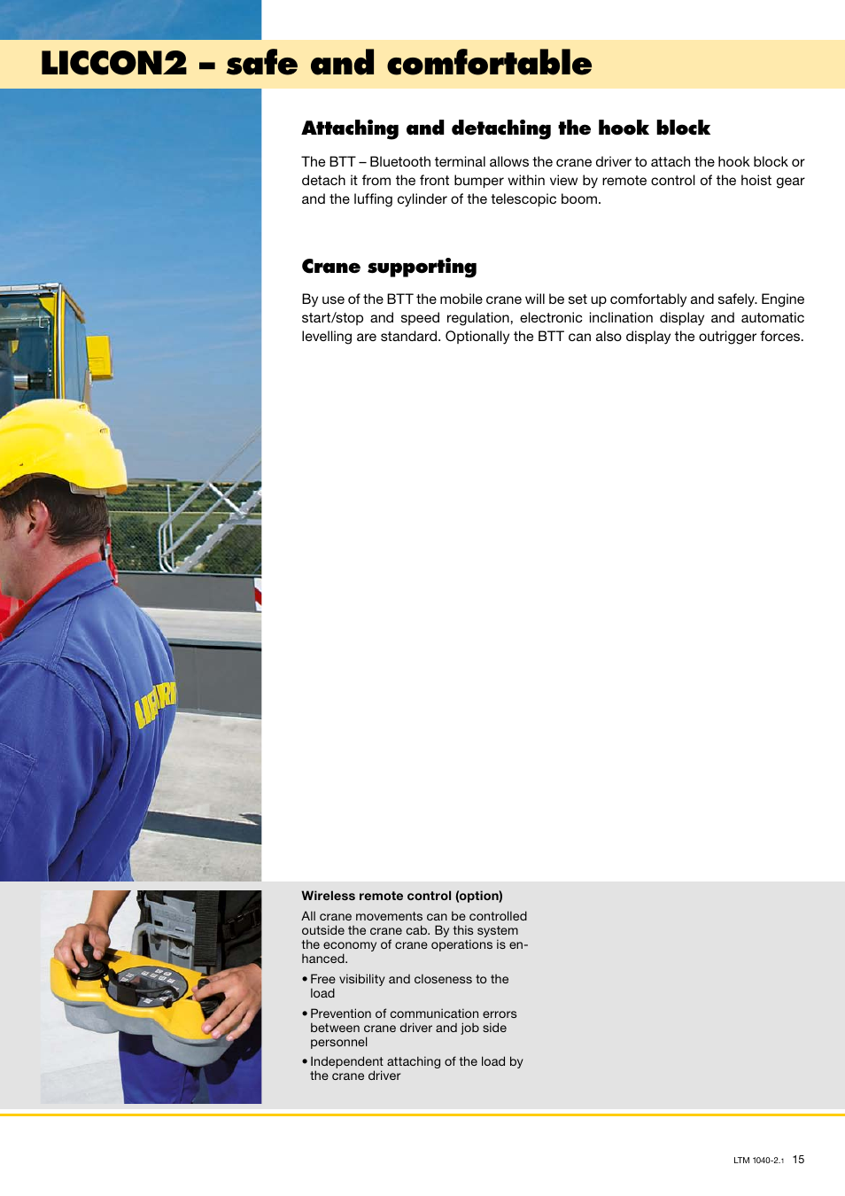 Liccon2 – safe and comfortable, Attaching and detaching the hook block, Crane supporting | Liebherr LTM 1040-2.1 User Manual | Page 15 / 16