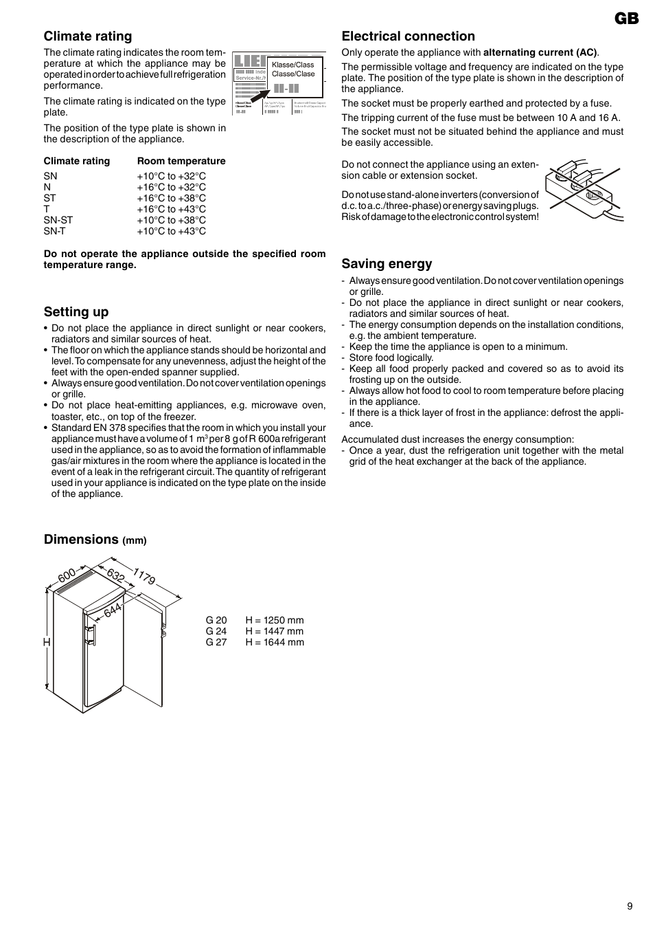 Dimensions, Setting up, Saving energy | Climate rating, Electrical connection | Liebherr G 2433 Comfort User Manual | Page 3 / 7