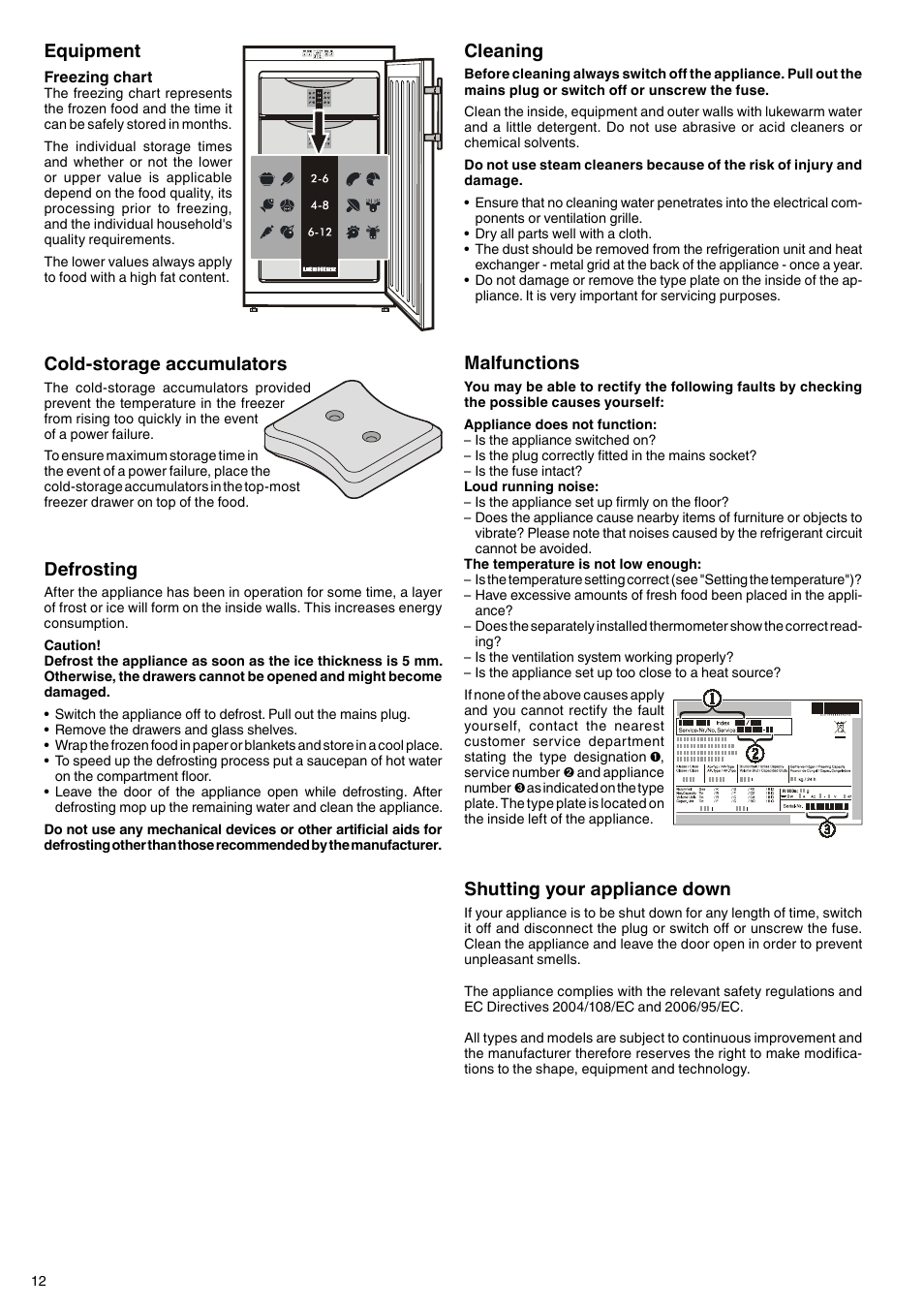 Defrosting, Malfunctions, Shutting your appliance down | Cleaning, Equipment, Cold-storage accumulators | Liebherr G 2433 Comfort User Manual | Page 6 / 7