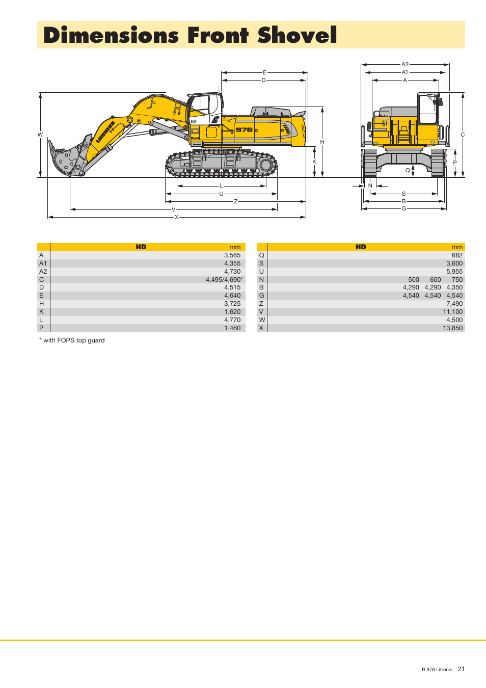 Dimensions front shovel | Liebherr R 976 User Manual | Page 21 / 28