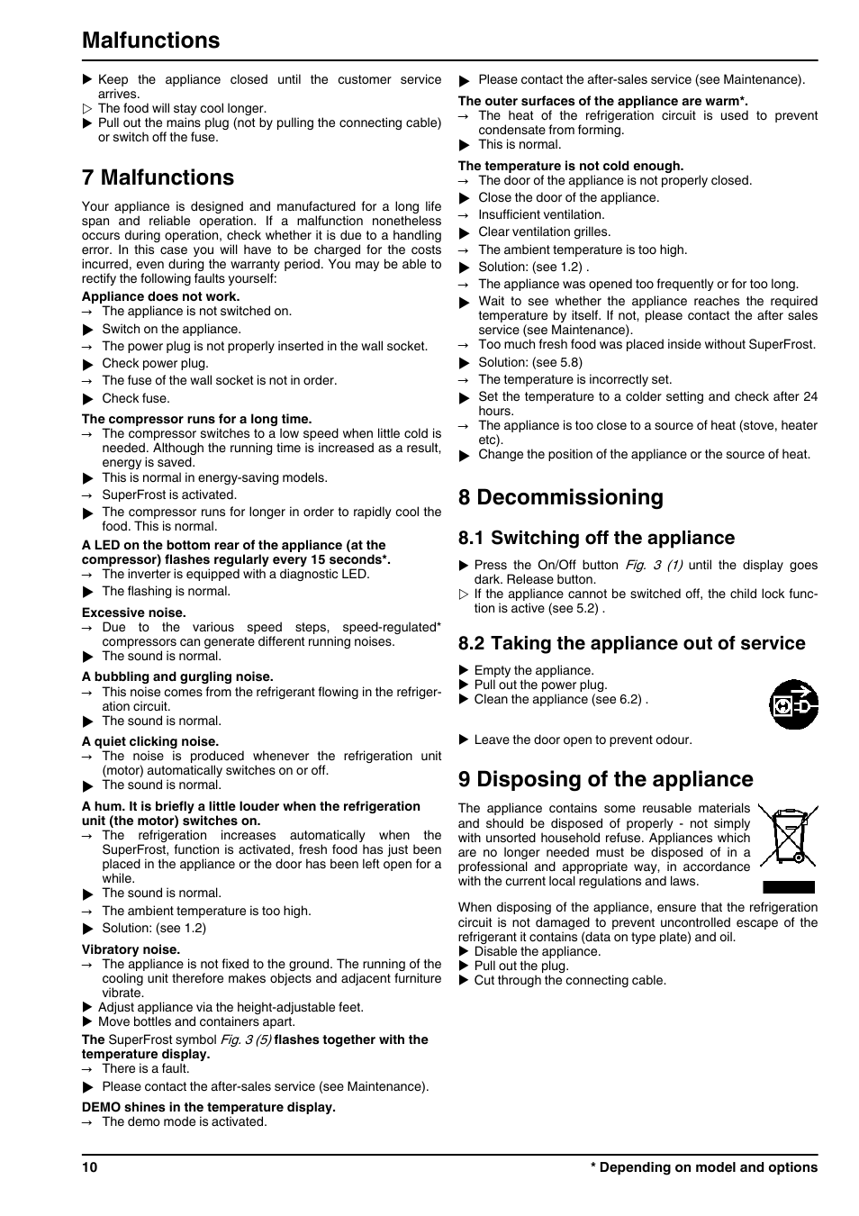 7malfunctions, 8decommissioning, 1switching off the appliance | 2taking the appliance out of service, 9disposing of the appliance, 7 malfunctions, 8 decommissioning, 9 disposing of the appliance, Malfunctions, 1 switching off the appliance | Liebherr G 1213 User Manual | Page 10 / 12