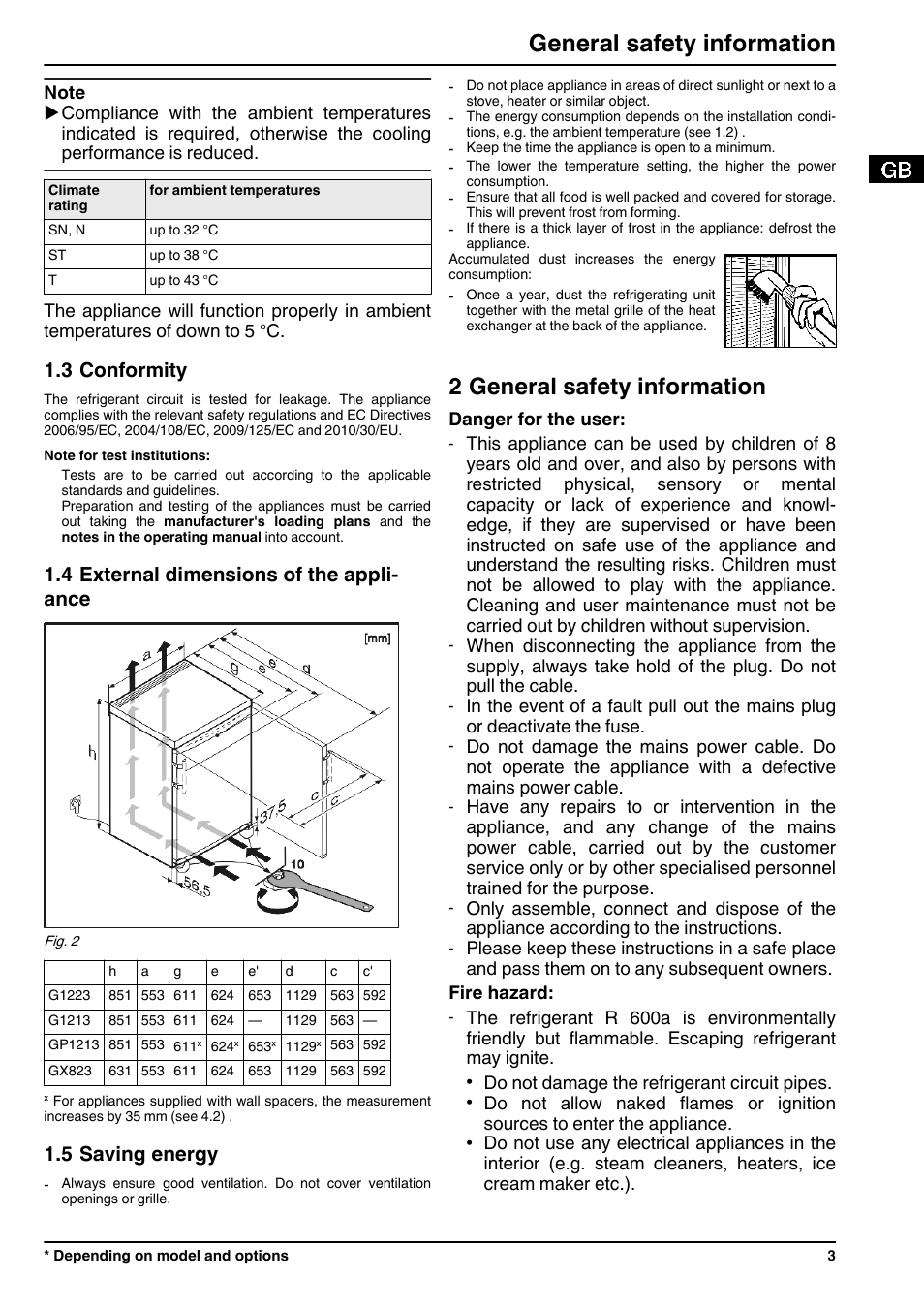 3conformity, 4external dimensions of the appliance, 5saving energy | 2general safety information, 2 general safety information, General safety information, 3 conformity, 4 external dimensions of the appli- ance, 5 saving energy | Liebherr G 1213 User Manual | Page 3 / 12