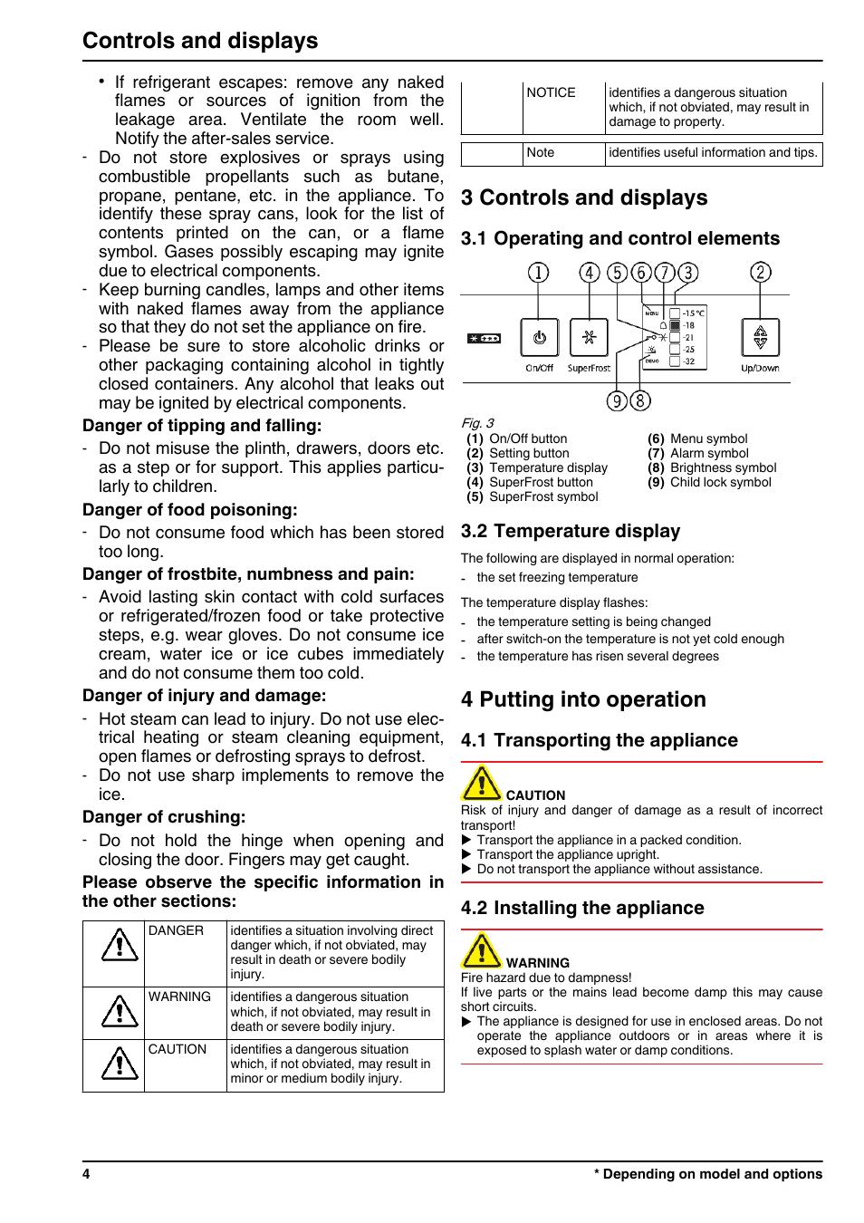 3controls and displays, 1operating and control elements, 2temperature display | 4putting into operation, 1transporting the appliance, 2installing the appliance, 3 controls and displays, 4 putting into operation, Controls and displays, 1 operating and control elements | Liebherr G 1213 User Manual | Page 4 / 12