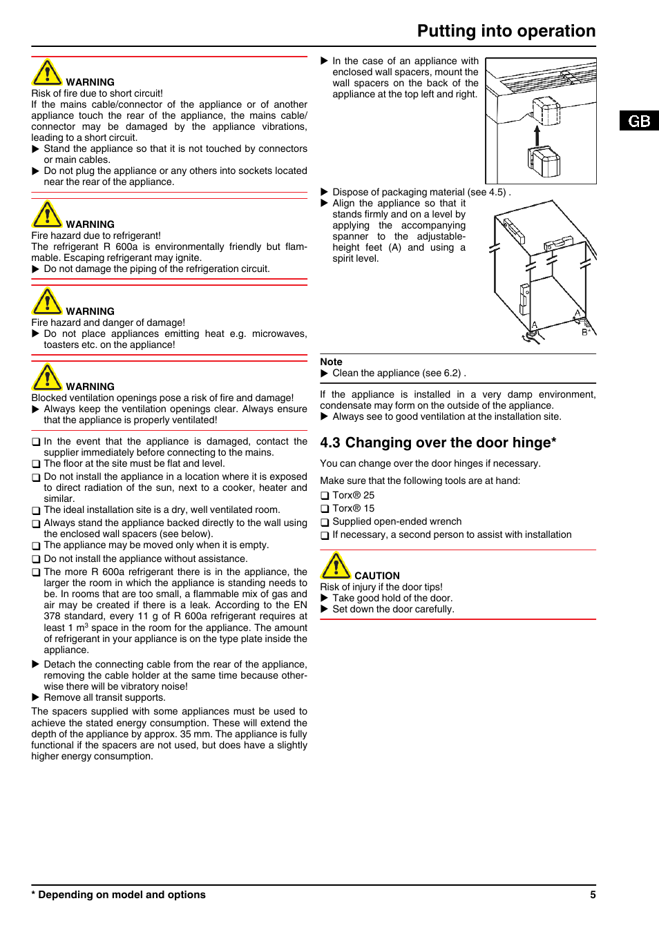 3changing over the door hinge, Putting into operation, 3 changing over the door hinge | Liebherr G 1213 User Manual | Page 5 / 12