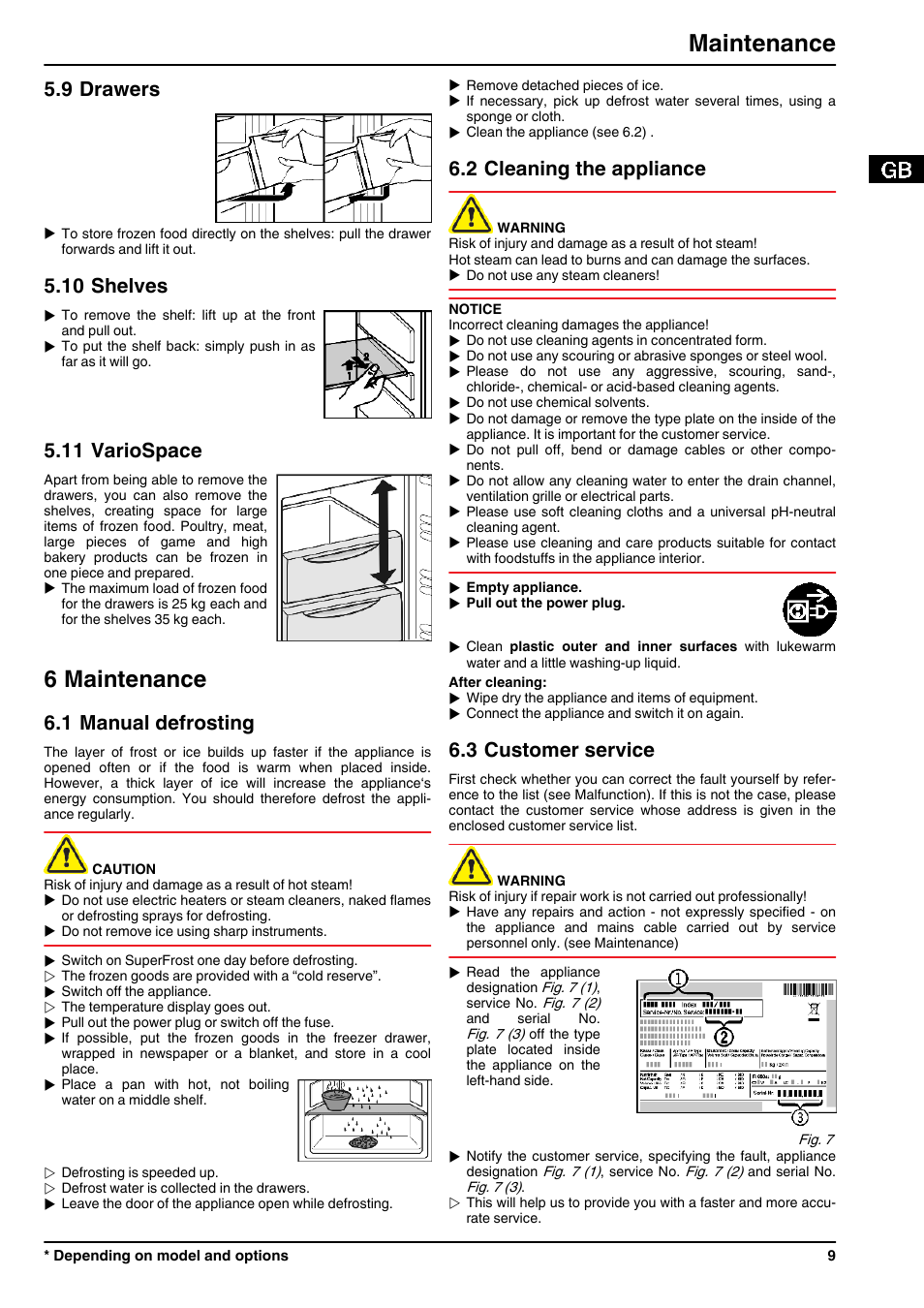 9drawers, 10shelves, 11variospace | 6maintenance, 1manual defrosting, 2cleaning the appliance, 3customer service, 6 maintenance, Maintenance, 9 drawers | Liebherr G 1213 User Manual | Page 9 / 12