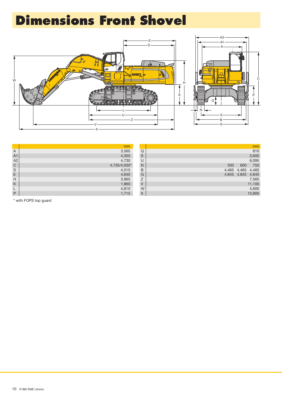 Dimensions front shovel | Liebherr R 980 SME User Manual | Page 10 / 16