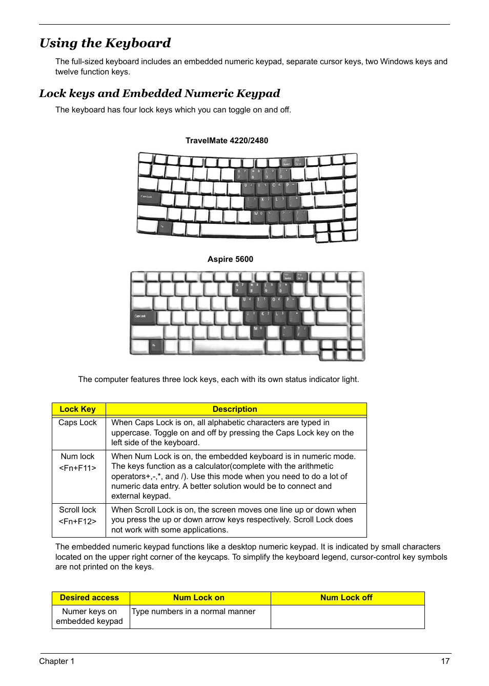 Using the keyboard, Lock keys and embedded numeric keypad, Using the keyboard 17 | Acer 5600 User Manual | Page 23 / 129