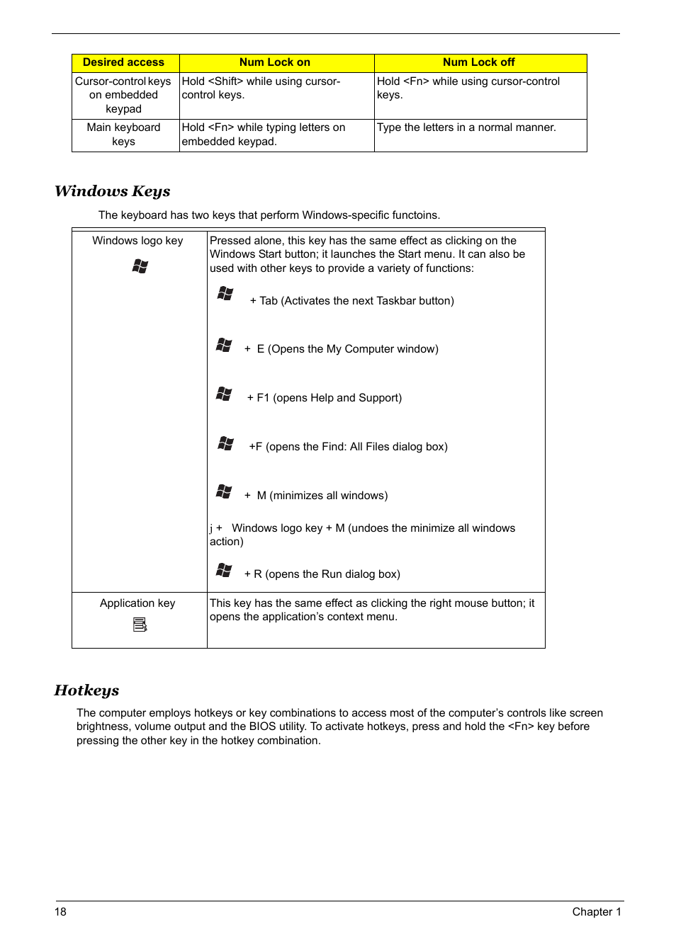 Windows keys, Hotkeys | Acer 5600 User Manual | Page 24 / 129