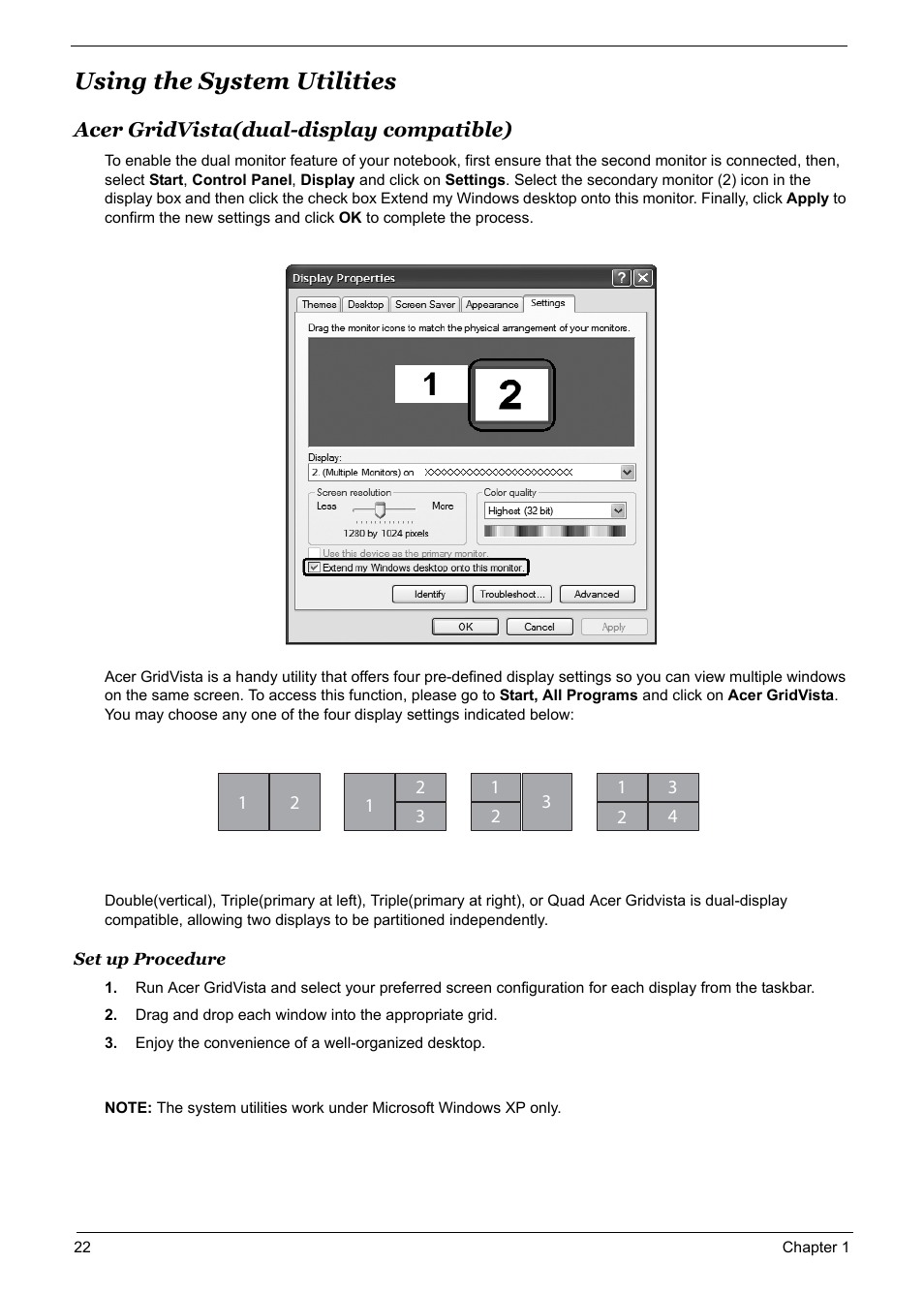 Using the system utilities, Acer gridvista(dual-display compatible), Using the system utilities 22 | Acer 5600 User Manual | Page 28 / 129