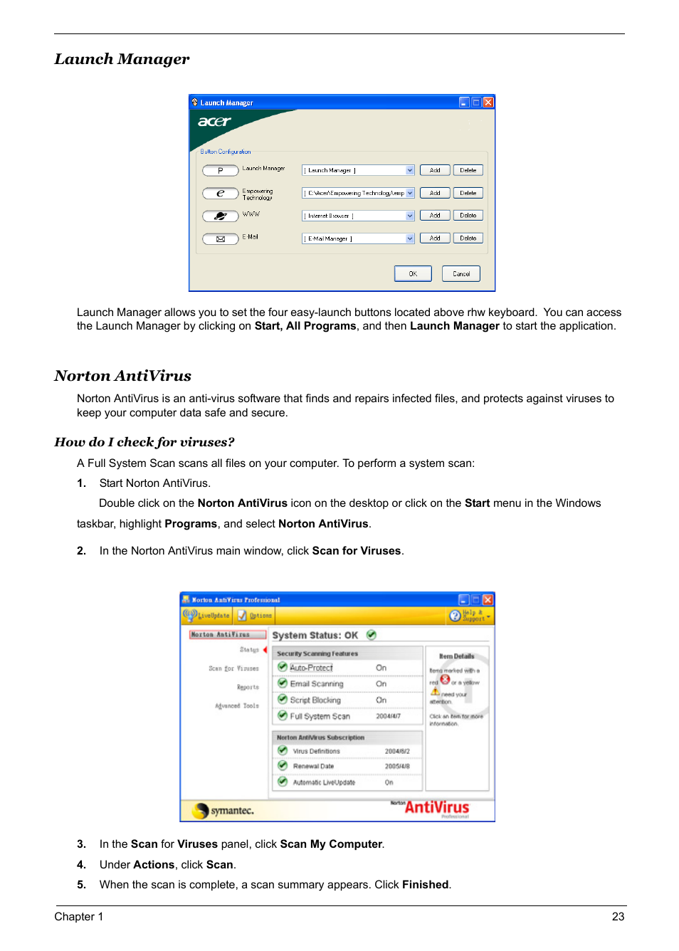 Launch manager, Norton antivirus | Acer 5600 User Manual | Page 29 / 129
