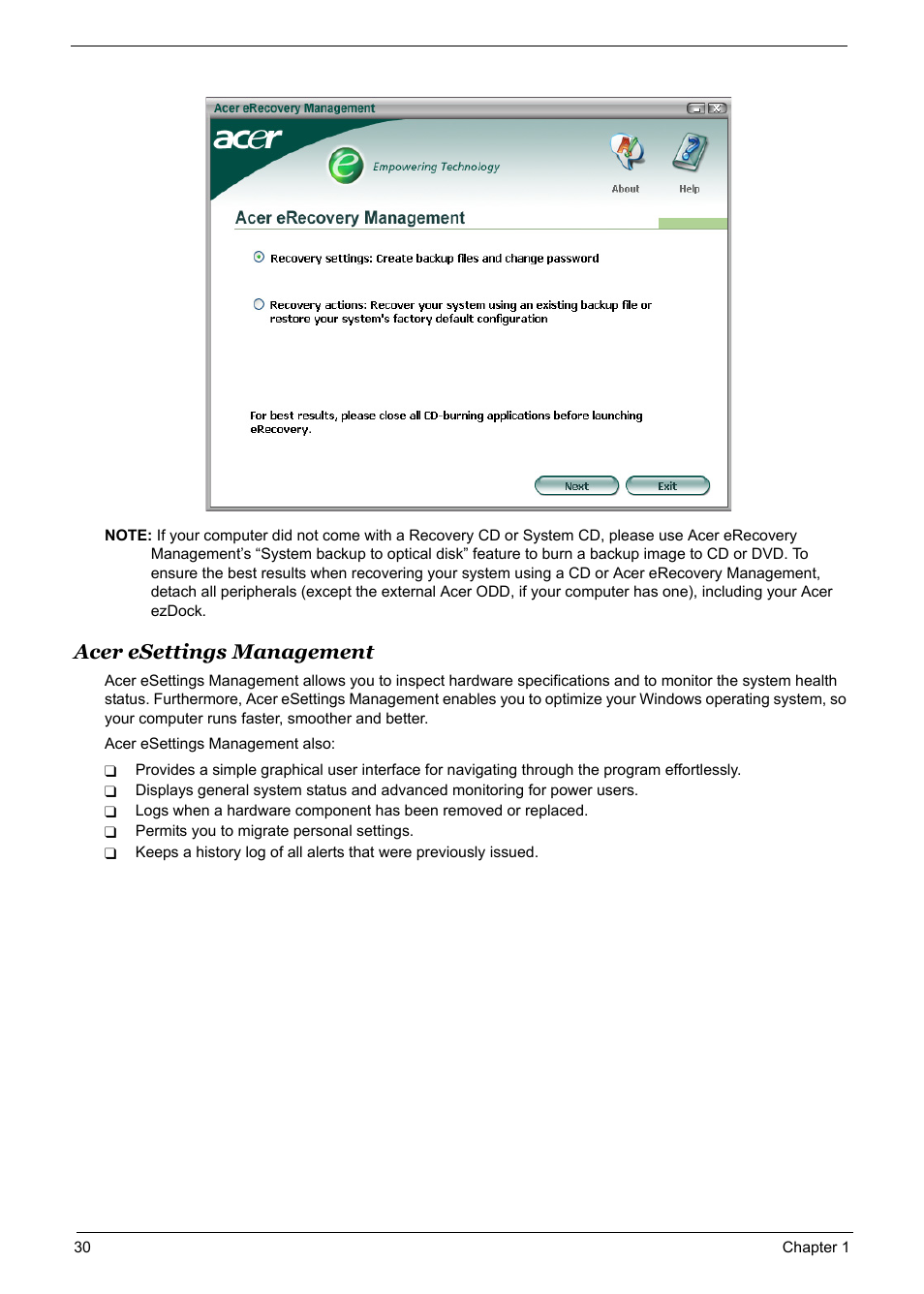 Acer esettings management | Acer 5600 User Manual | Page 36 / 129