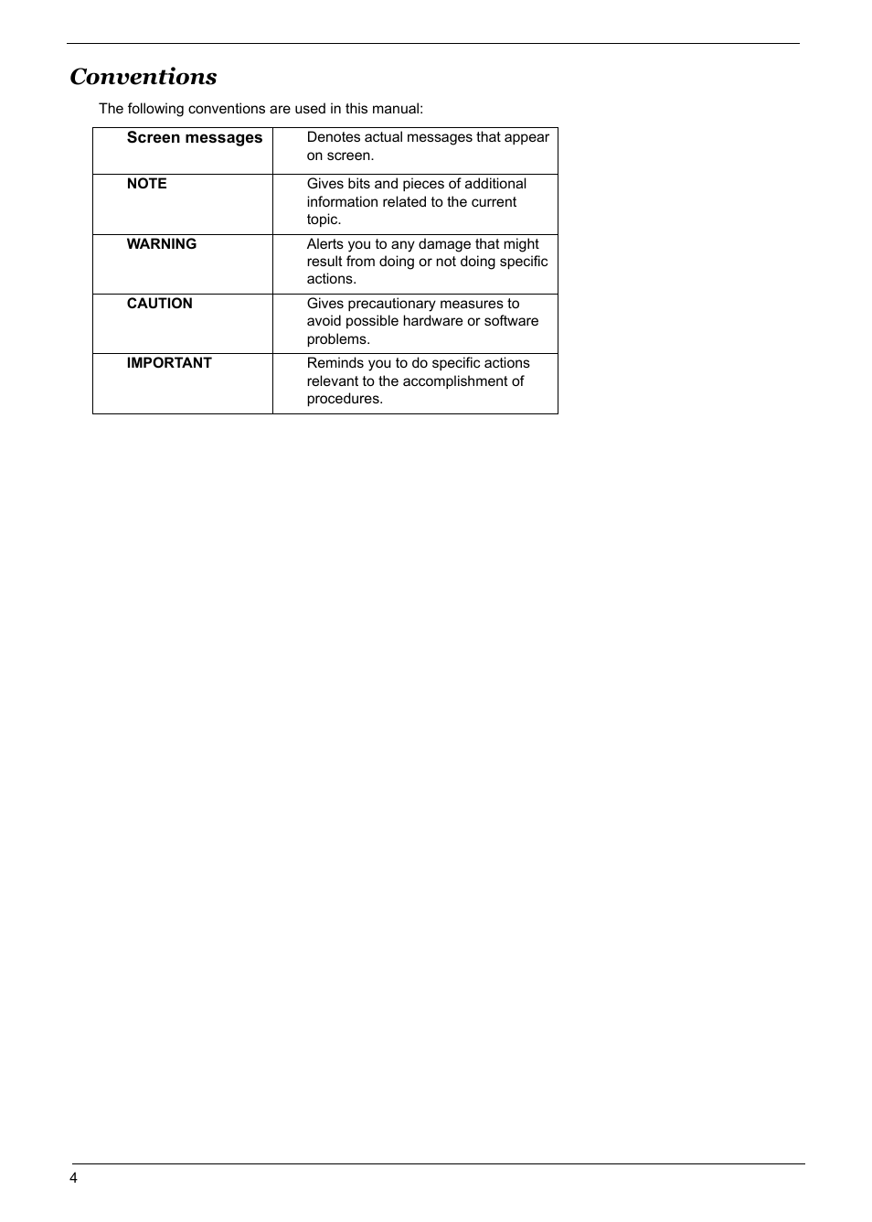 Conventions | Acer 5600 User Manual | Page 4 / 129