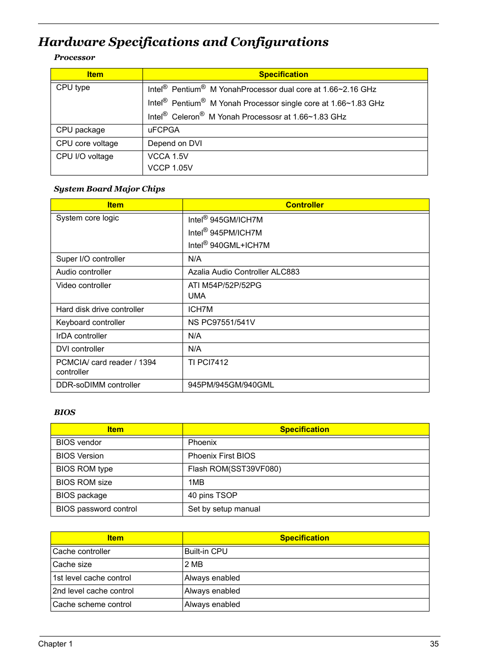 Hardware specifications and configurations, Hardware specifications and configurations 35 | Acer 5600 User Manual | Page 41 / 129